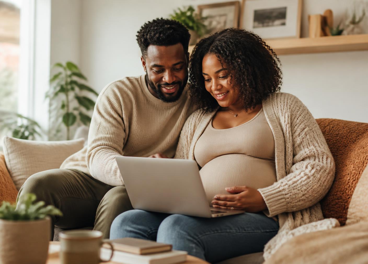 A couple attending a live virtual childbirth class from their living room